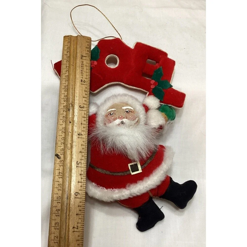 Vtg Santa Claus Red Velvet Plush Fur Xmas Hanging Tree Ornament W/ Noel Sign